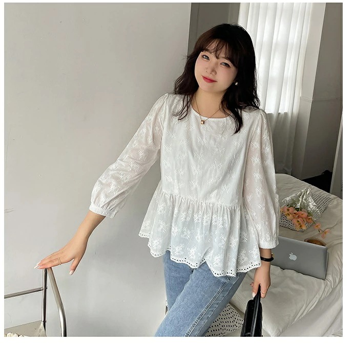 2L6Lホワイト 大きいサイズ ぽっちゃりさん トップス 花柄 刺繍 レースシフォン 普段着 通学 旅行 お出かけ デート 卒業式 入学式ウエスト周りカバー ペプラム 花柄刺繍ブラウス トップス シャ