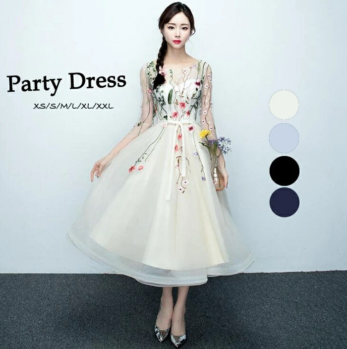 パーティードレス 結婚式 ワンピース 花柄刺繍 パーティードレス 結婚式ドレス 袖あり ウエディングドレス ミモレ丈 レース 大きいサイズ 大人 上品 お呼ばれ 二次会 披露宴 披露宴 演奏会 同窓会