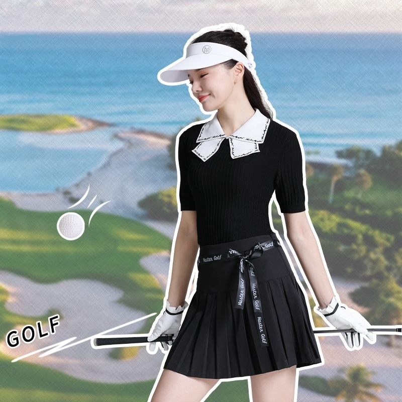 ゴルフウェア レディース スポーツウェア セットアップ プリーツスカ ニット 半袖 POLO ポロシャツ Tシャツ ミニスカート 上下セット 黒 女性 テニスウェア 速乾通気性 春夏 韓国風