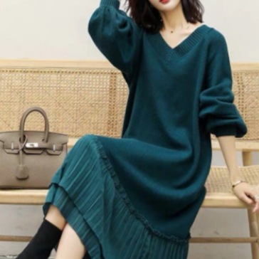 ニットワンピース トップス スイート ブラック 黒 グリーン 緑 レッド 赤 ミドル丈 袖あり