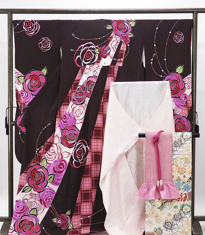 振袖 正絹 薔薇格子模様 5点セット 身丈170cm 裄丈67.5cm 袋帯 長襦袢 帯締め 帯揚げ 振袖5点セット リサイクル 中古 着物 e4077 38,870円