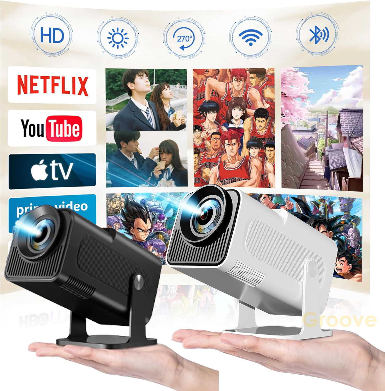 プロジェクター 小型 家庭用 Android TV 搭載 450ANSI 1080P 5G wi-fi 対応 Bluetooth 5.2 4Kビデオに適応 ホームプロジェクター ホームシアター APJ