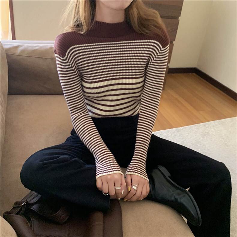 クーポン有タイト タートルネック ニット トップス レディース 秋 冬 長袖 アプリコット ネイビー 藍色 ブラウン 茶色 ボーダー調 S M オフィス 学校 大学 職場 バイト 旅行 外出 仕事 1