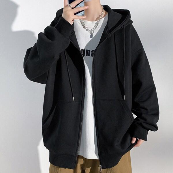 メンズ秋オーバーフィット無地共用フードジップアップDMS-JKA-SCC888-ブラック