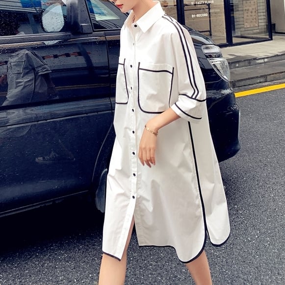 トップス シャツワンピ 長袖 ひざ丈 ミディアム丈 パイピング フレア Aライン ストレート ロングシャツ ゆったり 無地 ゆったり 人気 おすすめ おしゃれ お洒落 激安 安い wto07