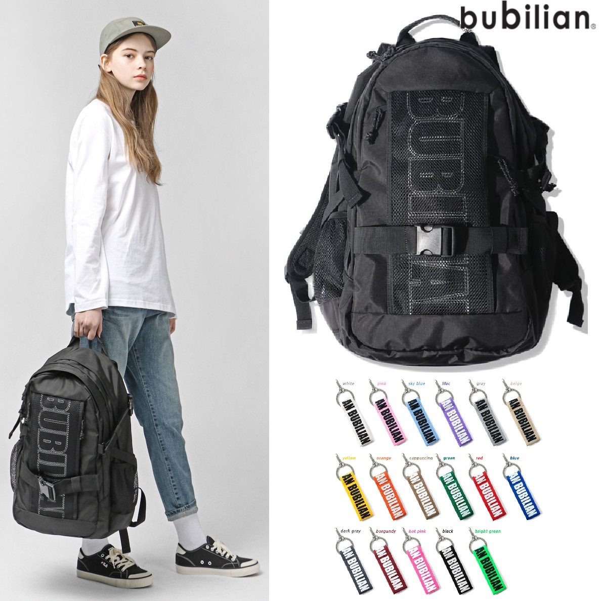 Middle backpack_Black 新商品 新学期 韓国人気 韓国ファッション 男女共用 カップルアイテム ストリートファッション カジュアルバッグ 学生バッグ
