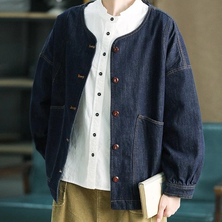 Gジャン デニムジャケット ジャケット アウター コート レディース ゆったり トップス 長袖 秋服 秋 ノーカラー おしゃれ デニム ポケット付き オシャレ きれいめ 女子 春 春服 体型カバ