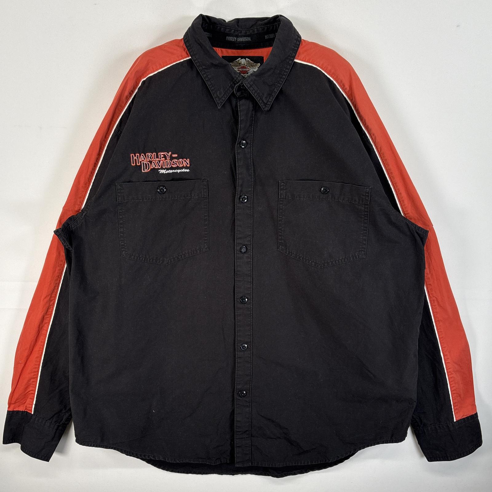 古着 長袖シャツ ワークシャツ ボタンダウンタイプ 両面 ロゴ 刺繍 XL ブラック系 ツートン メンズ
