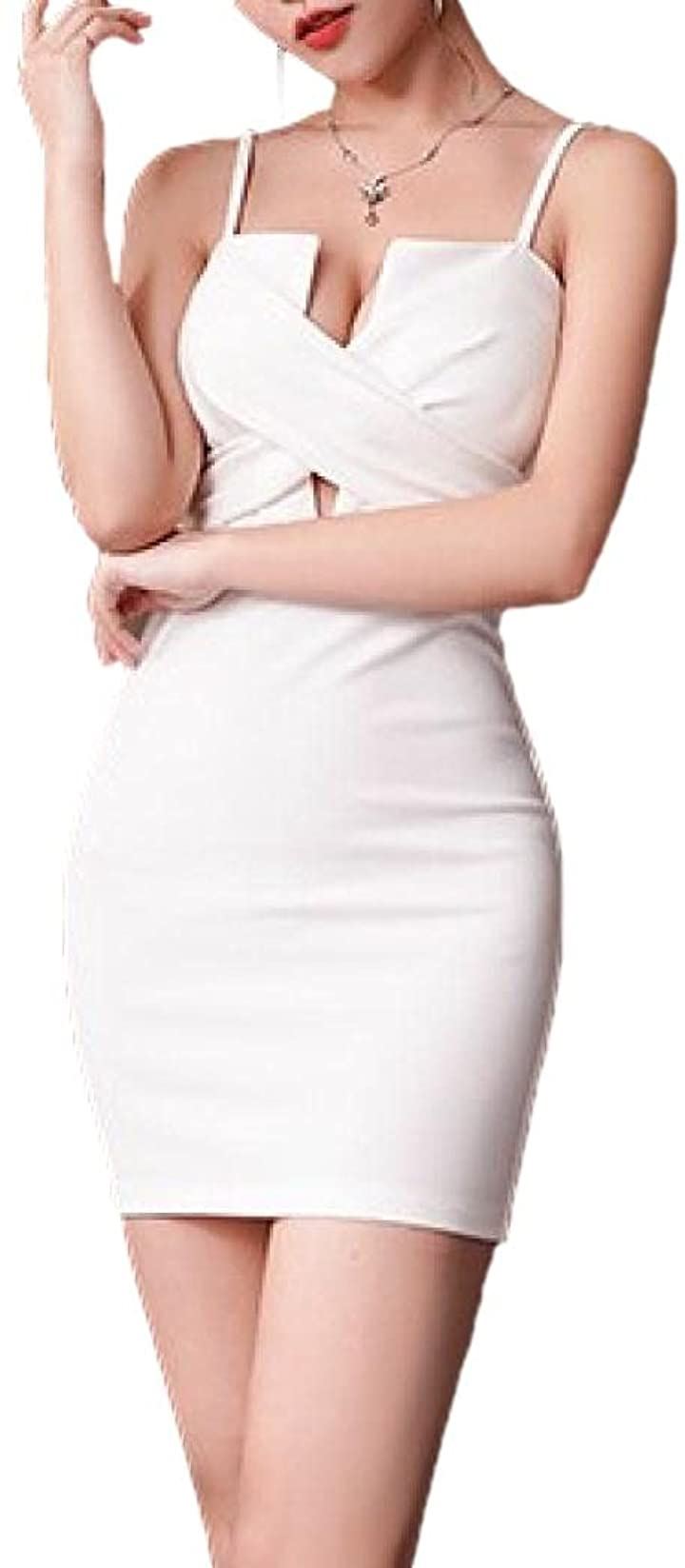 アイラカリラ スリット ミニ ドレス ワンピース タイト キャミソール 無地 パーティー クラブ レディース(ホワイト, XL)