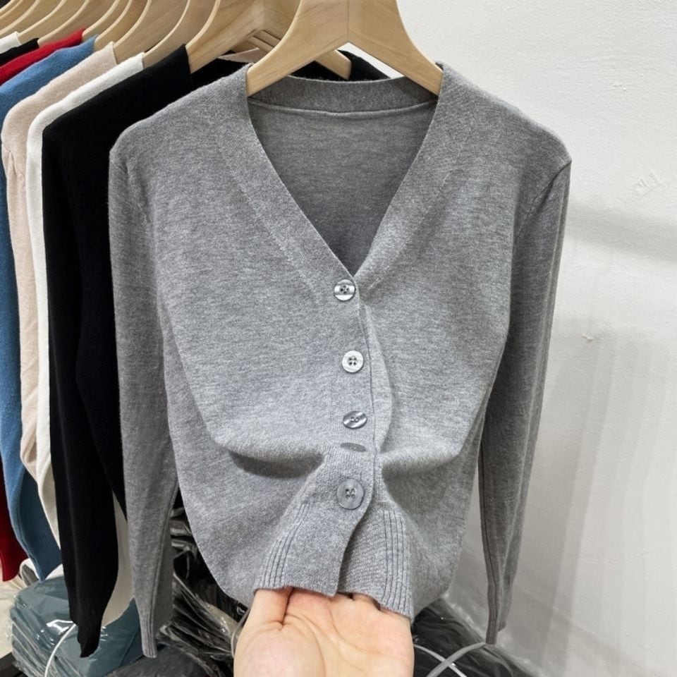 出荷が早いカーディガン レディース春秋ショート丈ハイウエストニット長袖Vネックカーディガン薄手スリムセーターコートトップス ベーシックニット 韓国ファッションブラウス