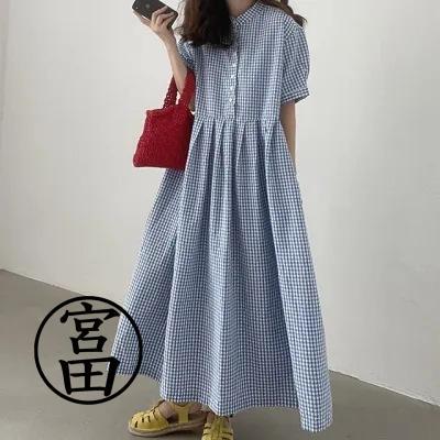 【超お得1つ買うと10個もらえる】ワンピース チェック レディース パフスリーブ ボリューム Aライン ゆったり フレア 夏 春