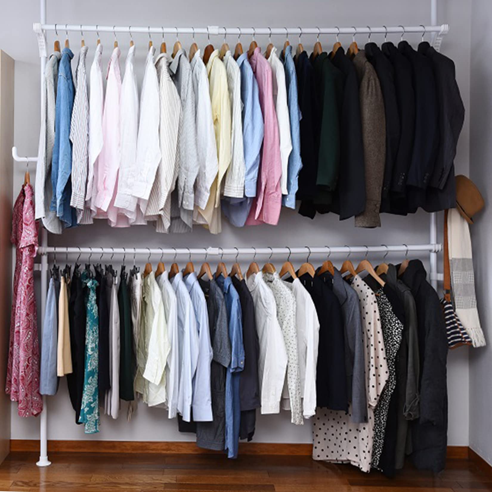 山善(YAMAZEN) 突っ張り ハンガーラック スリム 大容量 2段 ワイド 幅120-210×奥行23×高さ155-255cm 部屋干し 全体耐荷重40kg 組立品 ホワイト WJA-2(WH)