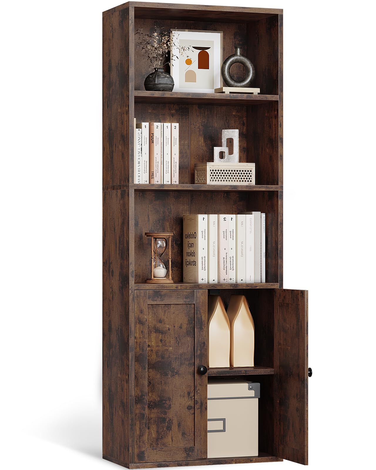 AODK 本棚 大容量 オープンシェルフ 5段 棚 スリム 収納ラック 幅48cm 扉付き おしゃれ 組立品 工具別途要 ビンテージ