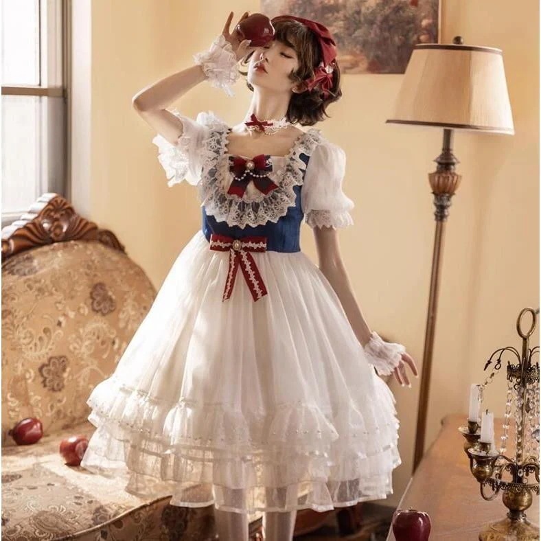 ワンピース 半袖 ロリータ お姫系 ロリータ ミドル丈 ミモレ丈 裾レース フリル かわいい ゴスロリ ロリータ服 レディース 大人 甘ロリータ 姫様ド