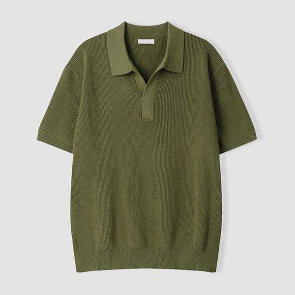 メンズ ハッチ オープンカラー オーバーサイズ 半袖 ニットTシャツ AS-KNH-Q018-カーキ