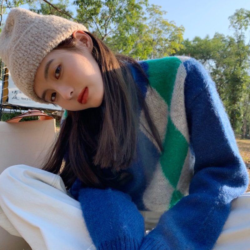 ダイア柄セーター ブルー トップス ニットソー セーター 長袖 Uネック スリム 細身 ストレート