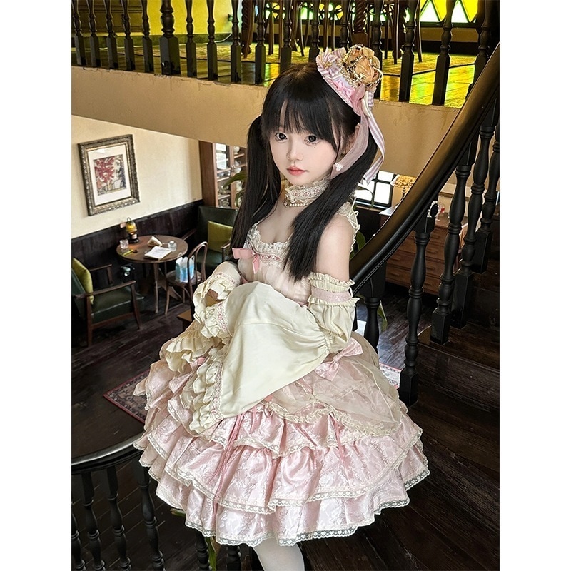 優しいバレエロリータドレス女性ピンクロリータサスペンダースカート