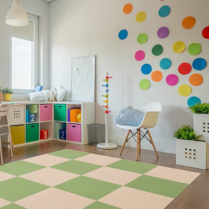 ジョイントマット 吸着マット タイルマット ズレない めくれない カーペット 防音マット フローリングカーペット(アイボリー+ライトグリーン, 45x45x0.4cm（40枚入り）)