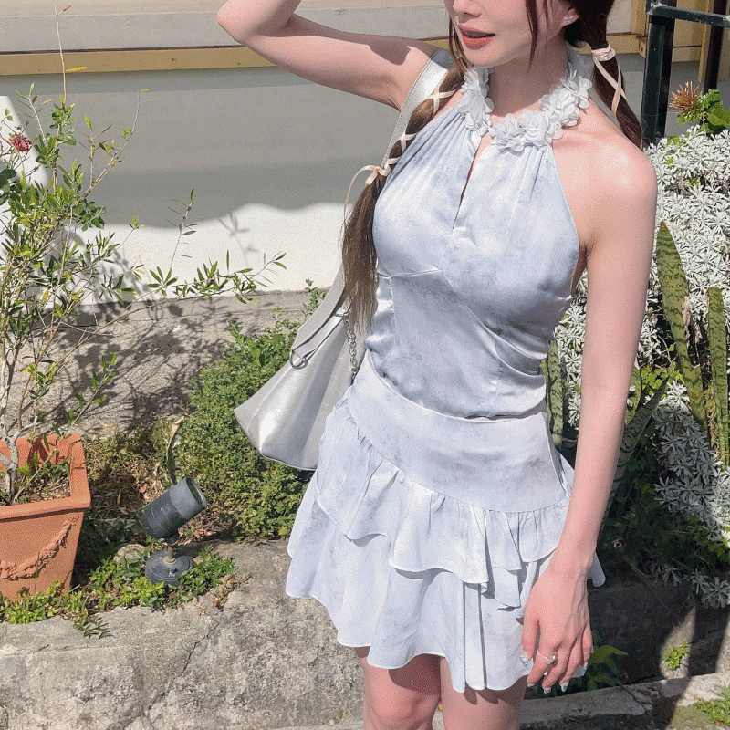 韓国スタイル スカイブルー マーブルフラワー シフォン フリル ホルター ツーピース セット