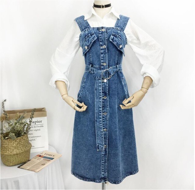 ワンピースベルト付ジャンパースカートデニムジャンスカフレアひざ丈春秋カジュアル普段使いブルー前ボタン