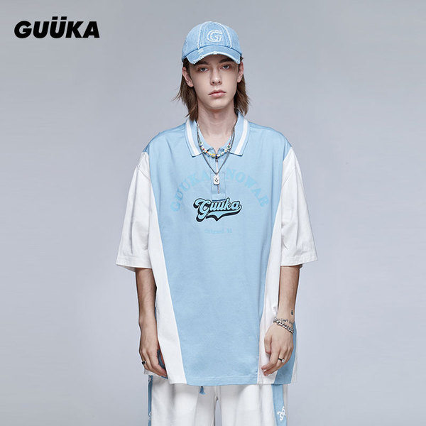 青と白のスプライシングヘビーウェイト半袖ポロシャツメンズトレンディな学生向けヒップホップロゴプリントスポーツ半袖ルーズ