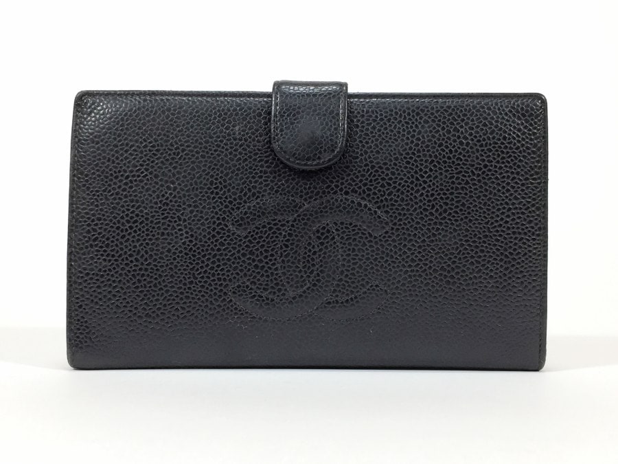 長財布 キャビアスキン がま口 レザー ブラック 【中古品】