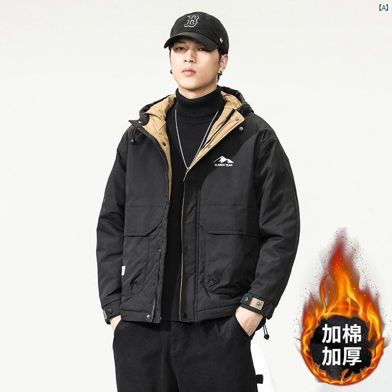 メンズ ファッション オシャレ カジュアル 男性 アメリカ レトロ フード付き コットン コート ジャケット 冬 肥大 ポケット ジャケット 大きめ サイズ 防風 服 克服