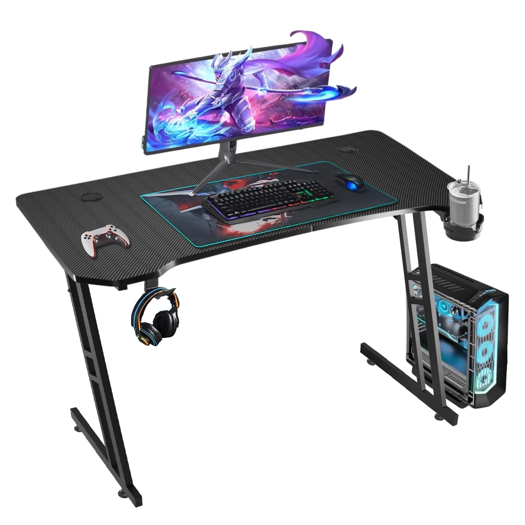 ゲーミングデスク 炭素繊維 Z字デスク 幅120cm 奥行60cm 高さ75cm モニターアーム対応 配線整理 ゲーム&ワーク両用 ブラック【2年保証】 (Z字型-幅120-ブラッ 85997