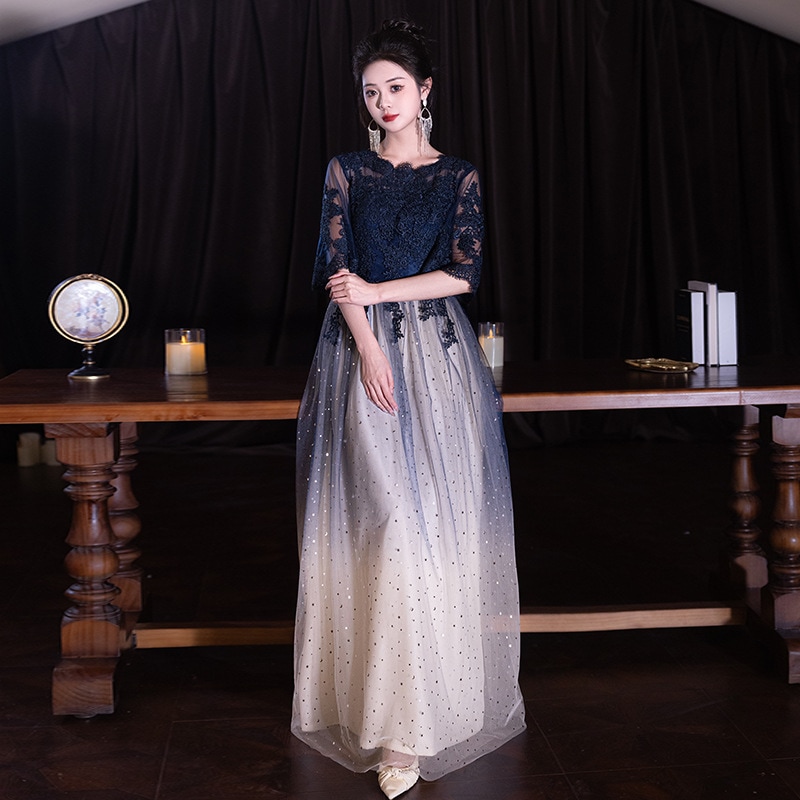 2025春秋 ネイビー フォーマルドレス ウエストシェイプ 舞台衣装 ハイウエストAライン バックレースデザイン 6サイズ対応 洗濯可