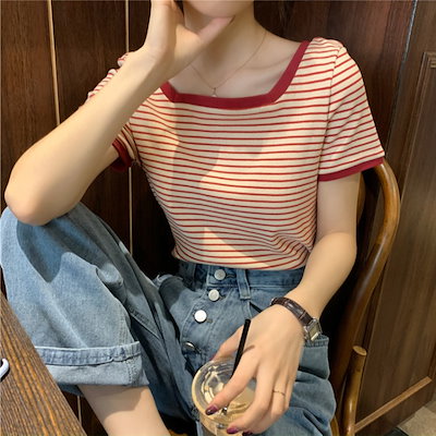 韓国の夏の新しい女の子ストライプコントラストスクエアカラートップショートスリーブニットトップ