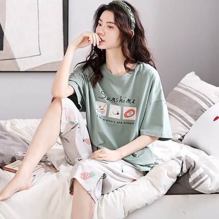 ルームウェア レディース 部屋着 パジャマ 上下セット トップス ハーフパンツ 個性的 半袖 五分袖 ラウンドネック フリル プリント M L XL 2XL 春 夏 秋 カジュアル きれいめ 上品 ナ