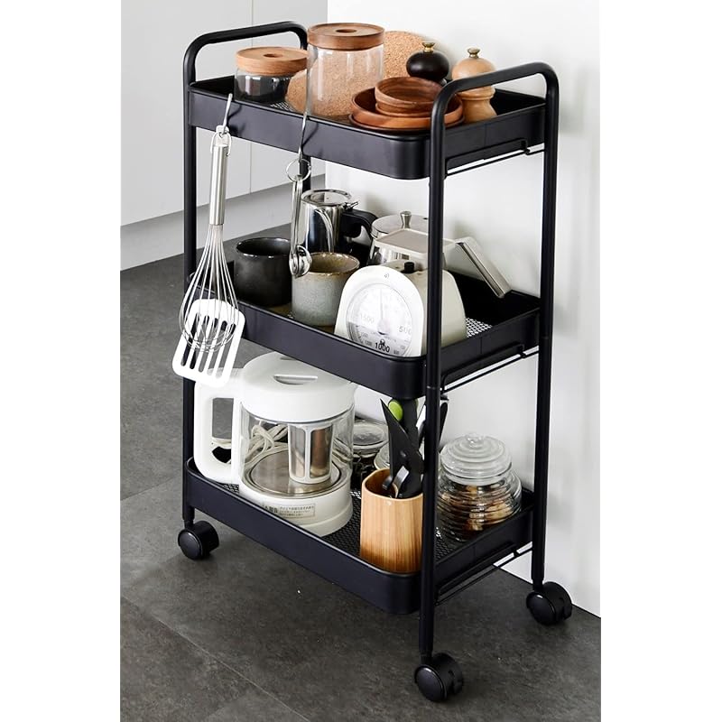 【即納】[山善] キッチンワゴン (スリム) キャスター付き 3段 幅43.5×奥行26×高さ74.5cm ワゴン 組立かんたん ブラック LBW-3(MBK)