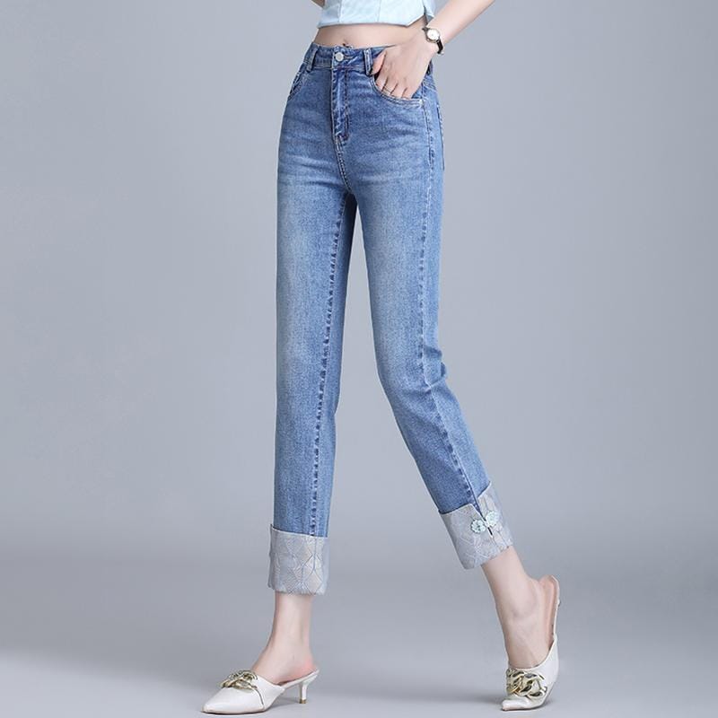 レディース ファッション カジュアル おしゃれ バックル ジーンズ 春夏 ハイウエスト 九分丈 チャイナ風 ストレート パンツ