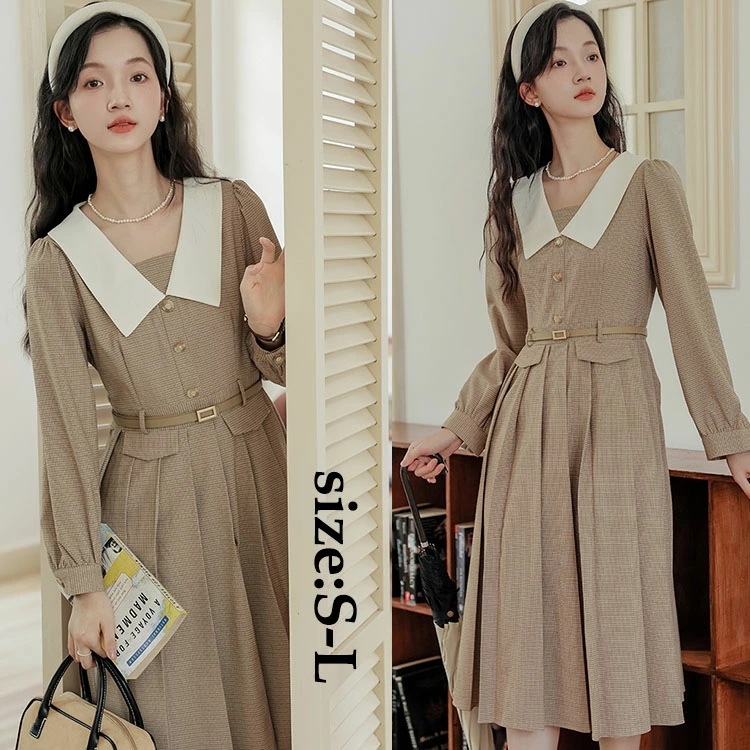 ワンピース レディース 2025 春 シャツワンピース ロング丈ワンピース 長袖 チェック 復古風 昭和風 オシャレお洒落 ワンピース 着痩せ 20代 30代 40代 きれいめ 通勤 OL 大人 オフ