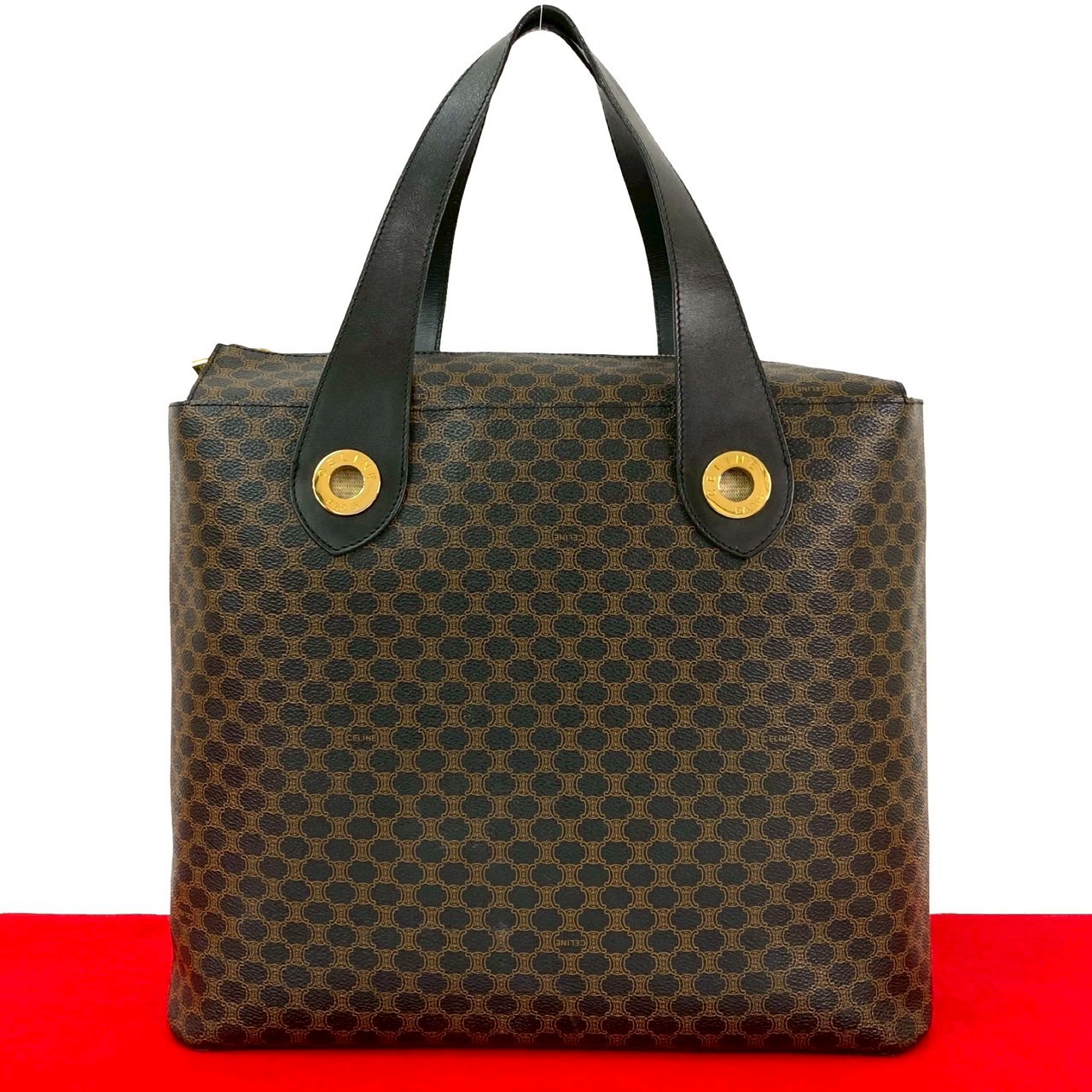 ヴィンテージ マカダム ブラゾン トリオンフ 柄 サークルロゴ 金具ハンドバッグ レザー PVC ブラック 41298