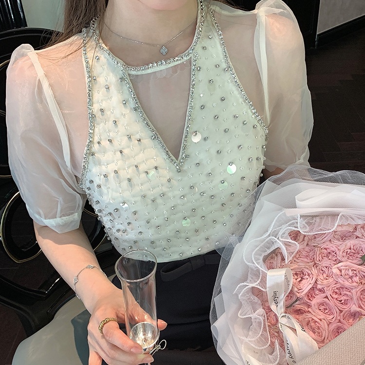 お嬢様 ラインストーン付き パフスリーブ ワンピース