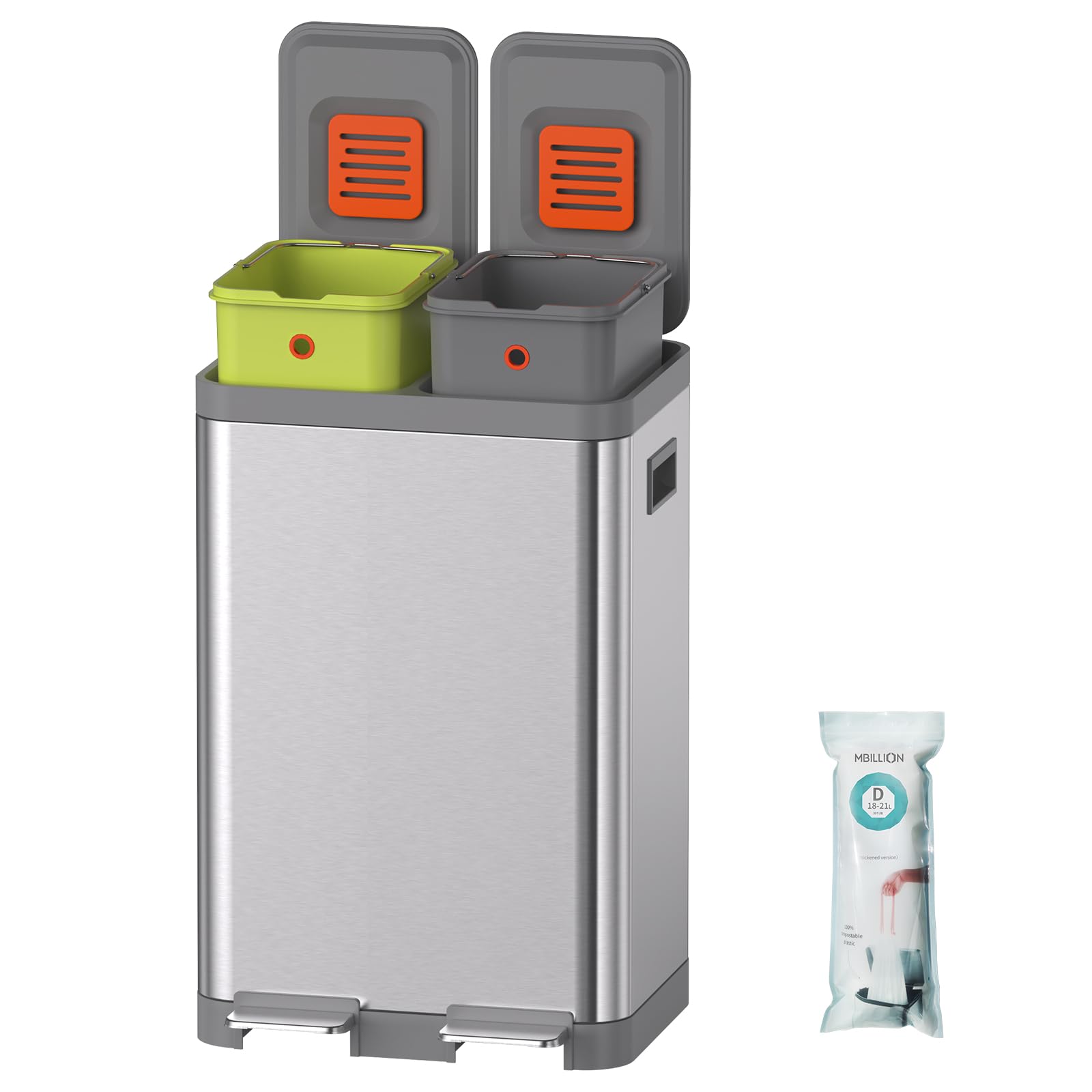 フタ付きゴミ箱 分別 2段 おしゃれ ごみ箱 ステンレス ゴミ箱 ペダル式 キッチン 消臭 ダストボックス 2×20L 大容量 長方形 生ごみ インナーバケット2つ 密閉 音無し 室内 オフィス ベラ