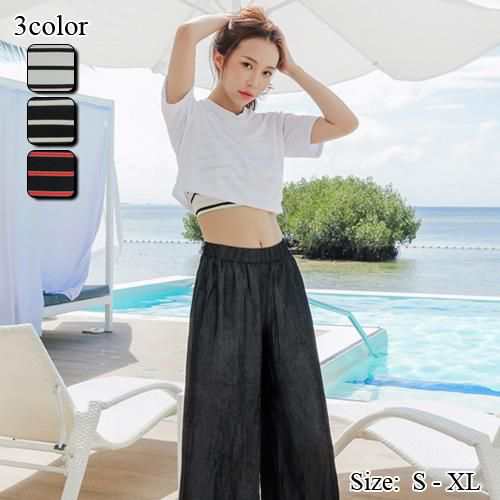 【グラシア】 水着 ハイウエスト レディース ビーチウェア スイムウェア 流行 海 プール セット水着 細見え Tシャツ スポーティ ビキニ ボーダー ワイドパンツ ブラック ホワイト レッド S M