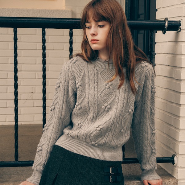 POMPOM CABLE KNIT GRAY