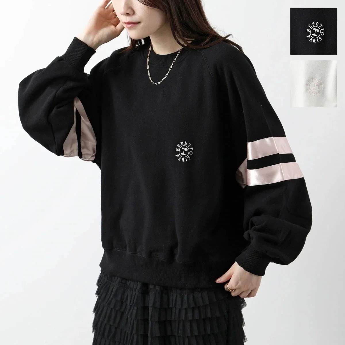 repetto レペット スウェットシャツ Satin sweatshirt S0573A レディース トレーナー コットン サテン ロゴ刺繍 クルーネック 長