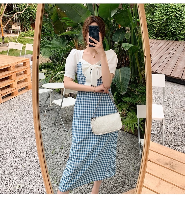 夏 ロマンチック V ネック マシン スリット ちょう結び チェック柄 ドレス 個性的 ワンピース ロング ロング丈 袖あり 半袖 かわいい 大人可愛い 大人 上品 おしゃれ お洒落 ラブリー