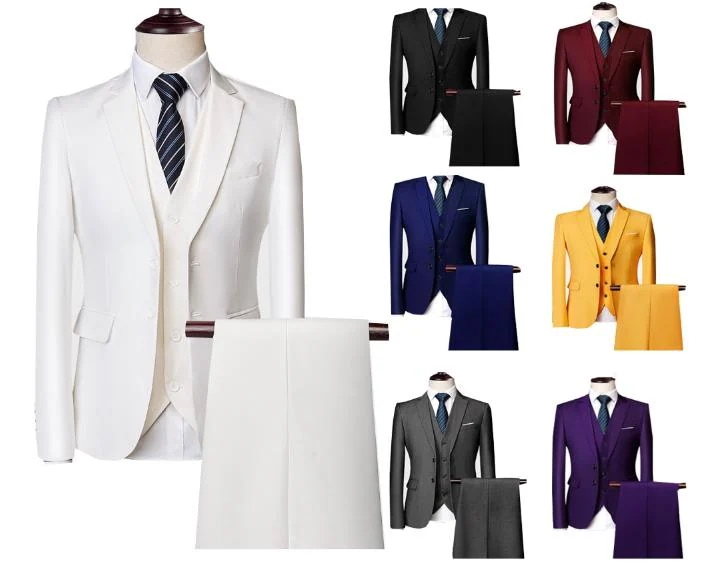 メンズビジネスフォマールスーツ三点セット11色無地シンプル紳士服ジャケット＋ジレベスト＋パンツ春秋冬用スリムスーツ通勤フォマール衣装結婚式二次会パーティータキシード入社式就職おしゃれ舞台演出コスプ