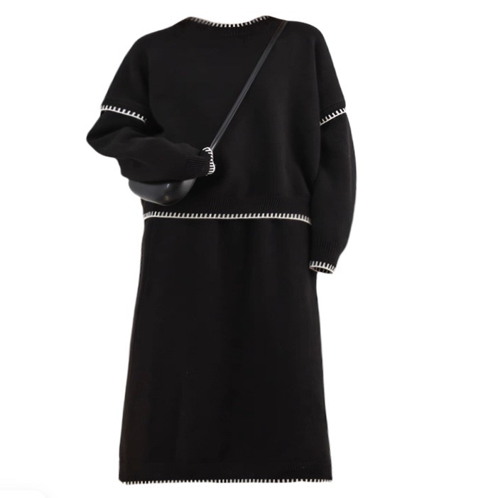 レディース スカート トップス ボトムス ニット セットアップ ロングスカート ロング マキシ フルレングス 長袖 Uネック ラウンドネック アメカジ ステッチ かわいい 大人可愛い きれいめ