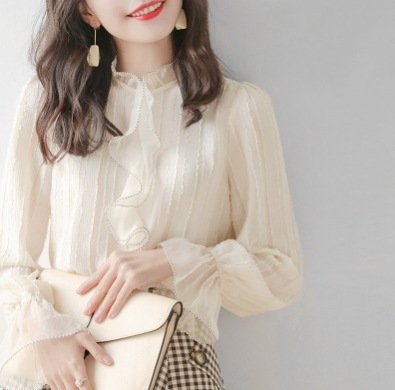 デート モテコーデ トップス ブラウス 白トップス 袖あり 7分袖 ボリューム袖 萌袖 モックネック 刺繍 シフォン フリル リボン 透け感 薄手 かわいい 可愛い きれいめ 上品 おしゃれ