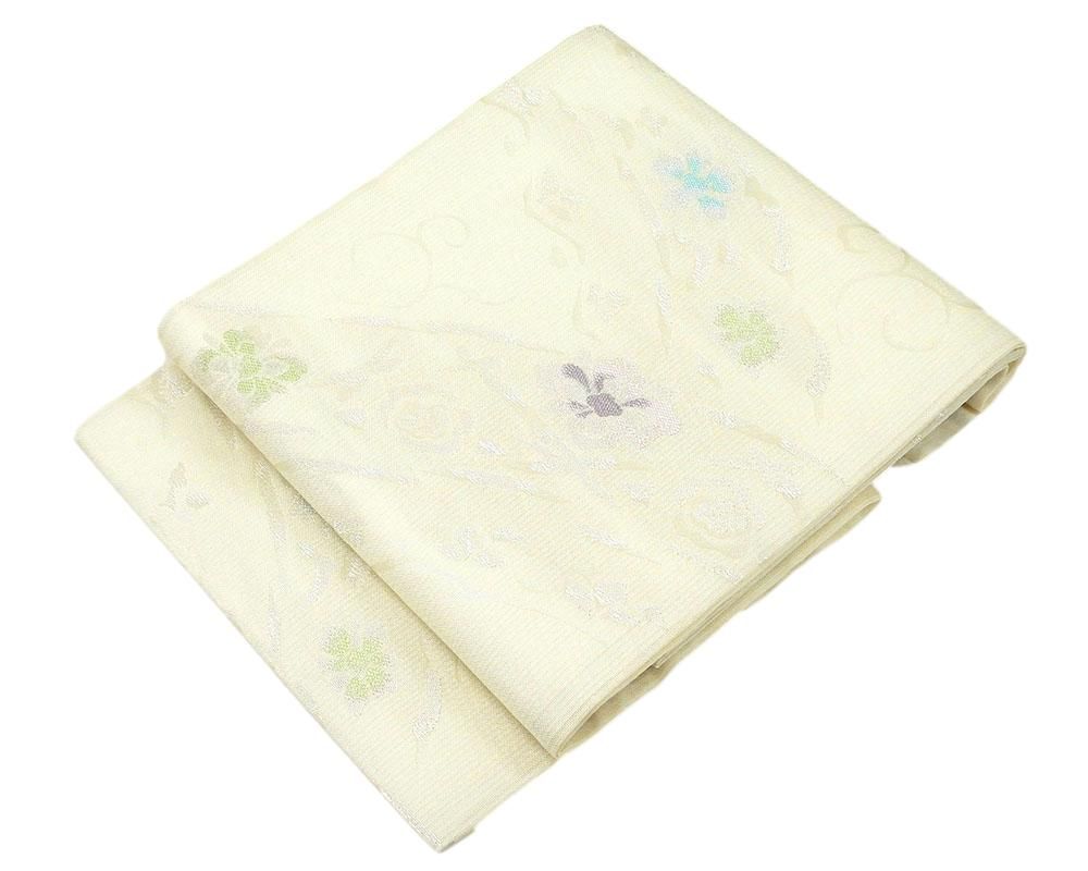 夏物 名古屋帯 新品仕立済 正絹 夏物 沢本織物謹製 花幾何模様 紗名古屋帯 小難あり 新品 仕立て上がり y2614
