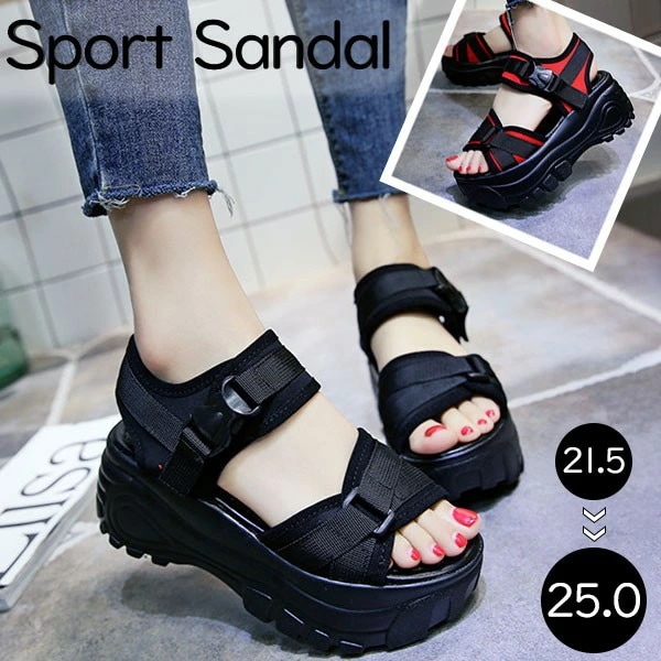 スポーツサンダル 厚底 レディース ヒール7cm ベルクロ プラスチック バックル ベルト コンフォート 歩きやすい 軽量 美脚効果 スポサン 厚底サンダル ビーチサンダル 厚底靴 カジュアル 夏 黒