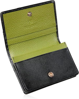 名刺入れ レディース 革 大容量 50枚収納 名刺ケース カードケース(ブラック/ライム)
