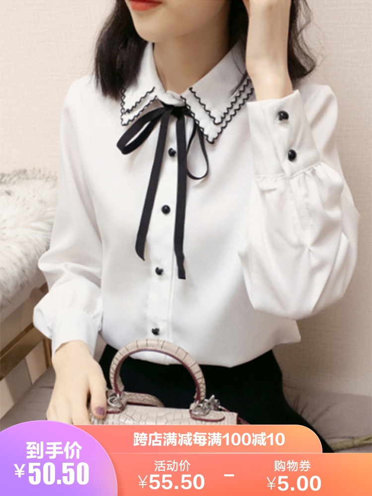 【SALE／89%OFF】 スピード対応 全国送料無料 春の韓国版の新型蝶結びは二重襟の白い長袖のシフォンのシャツの女性の上着のファッションを持ちます