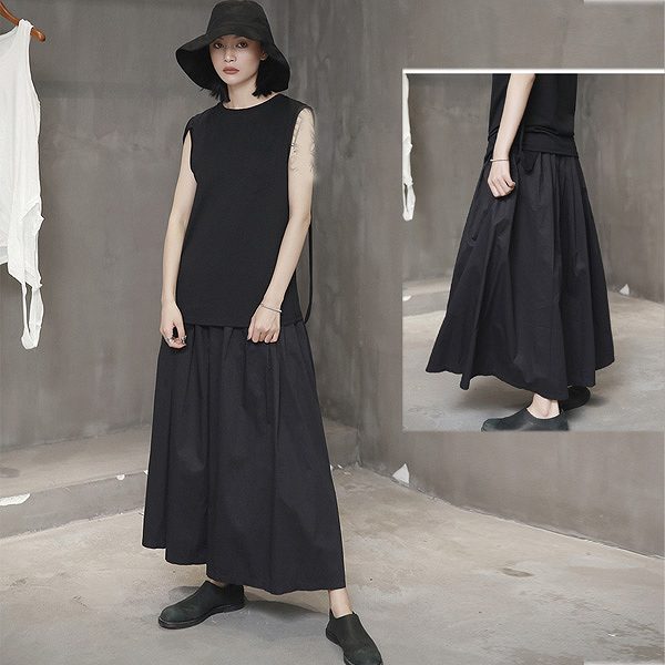 人気 新作 大人ボリュームギャザースカート　マキシ丈　ウエストがポイント　コットン　大人カッコイイ　ブラック 大人　上品