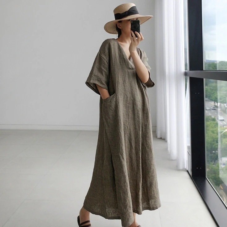 ワンピース レディース ロングワンピース ロング丈 袖あり 五分袖 ドロップショルダー Vネック ロング丈 マキシ丈 無地 カジュアル こなれ感 ママ マタニティ 楽ちん ゆったり 夏 リゾート